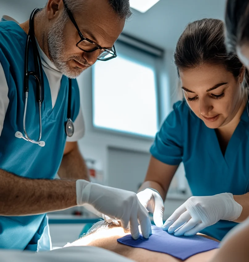 Healthcare professional in hospital room applying Hydrofera Blue READY polyurethane foam dressing with waterproof backing