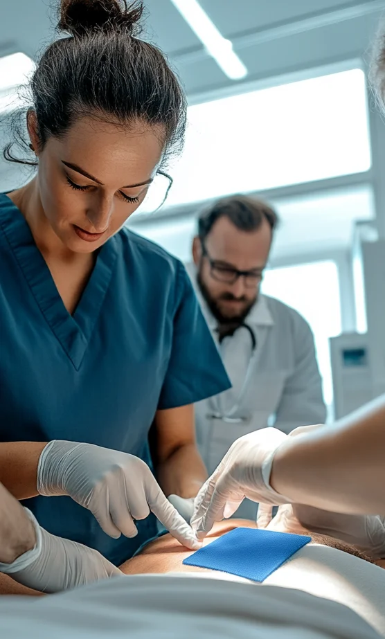 Medical professional in clinical environment applying Hydrofera Blue CLASSIC wound dressing to patient