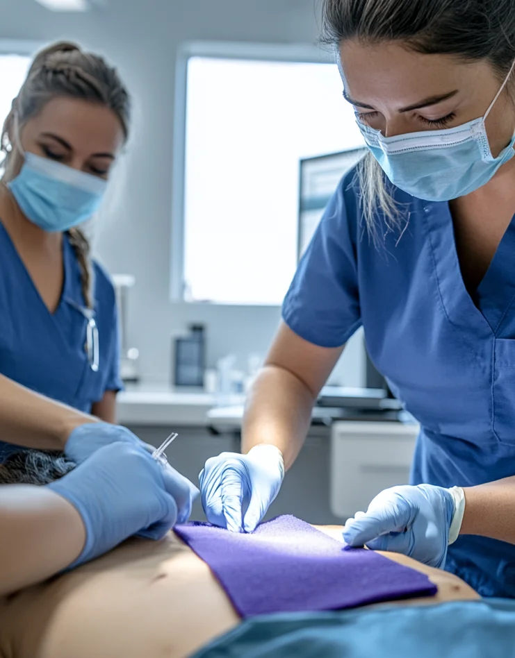 Medical professional in clinical setting applying pre-moistened Hydrofera Blue COMFORTCEL foam dressing