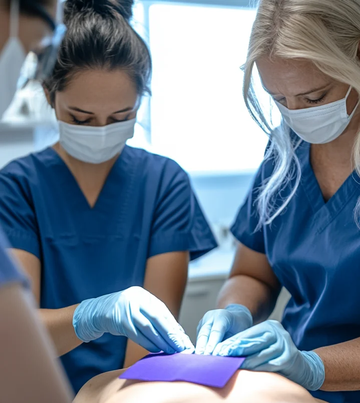 Medical professional in clinical environment demonstrating Hydrofera Blue TRANSFER polyurethane foam dressing application