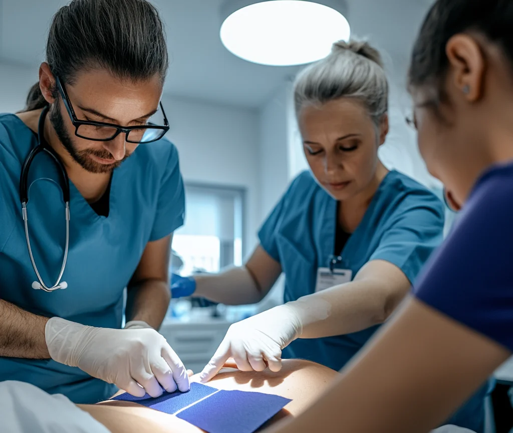 Healthcare professional in hospital environment demonstrating Hydrofera Blue READY application technique
