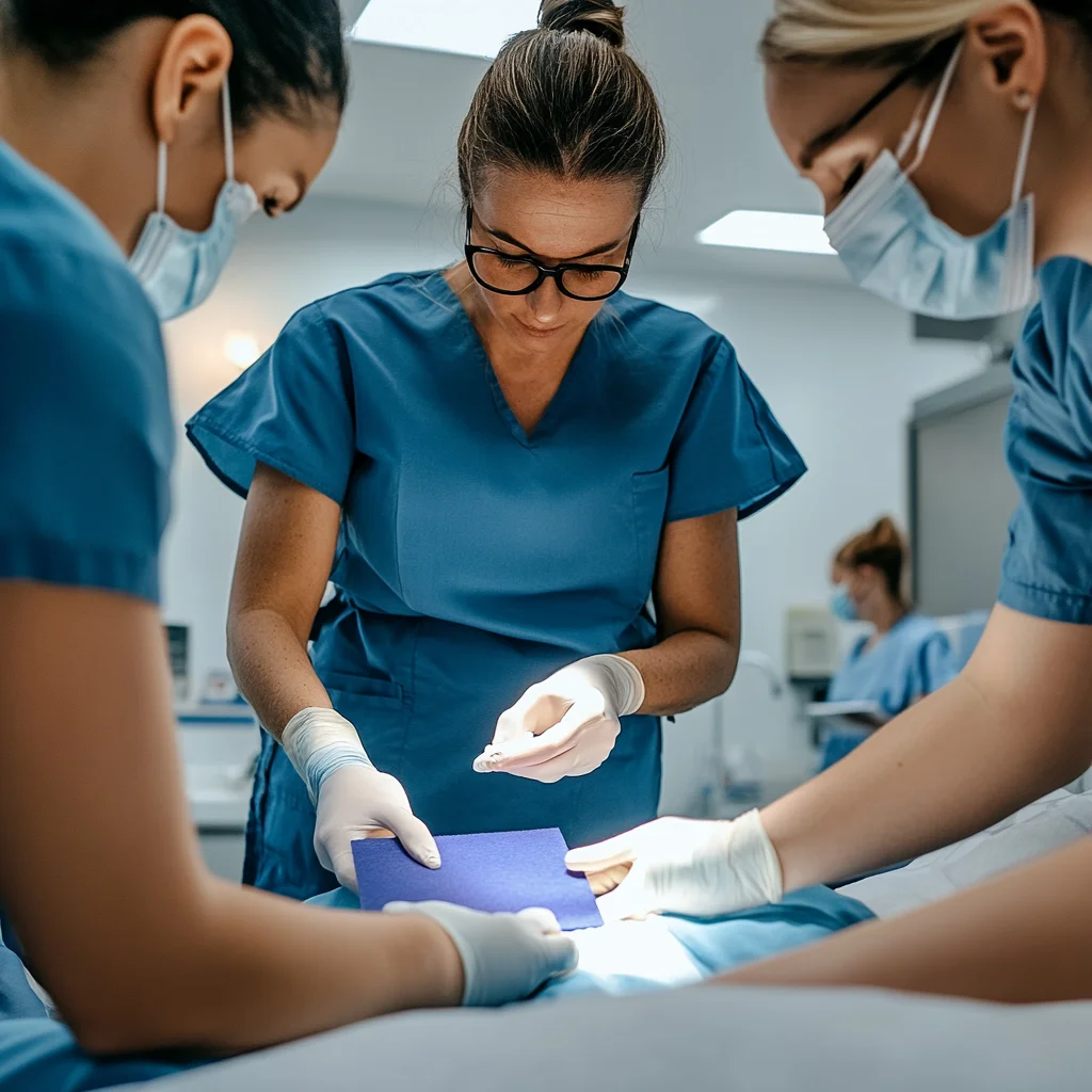 Medical professional in clinical setting applying Hydrofera Blue CLASSIC Heavy Drainage Dressing for heavy exudate wounds