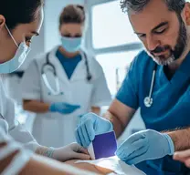 Two healthcare professionals in a hospital room applying Hydrofera Blue wound dressing to a patient