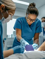 Healthcare professional in clinical setting demonstrating Hydrofera Blue tube site dressing application