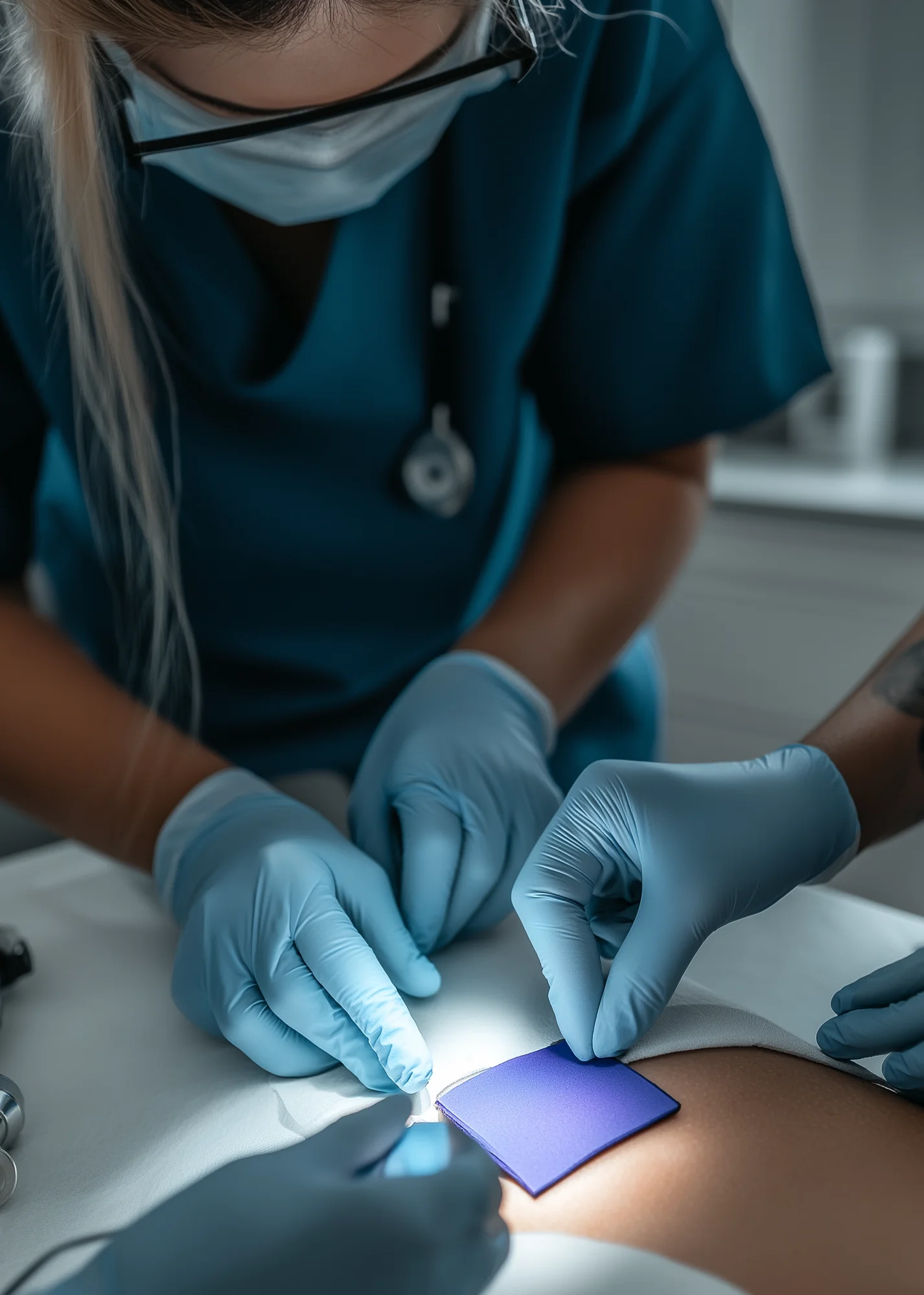 Healthcare professional in hospital setting demonstrating wound care treatment with Hydrofera Blue dressings